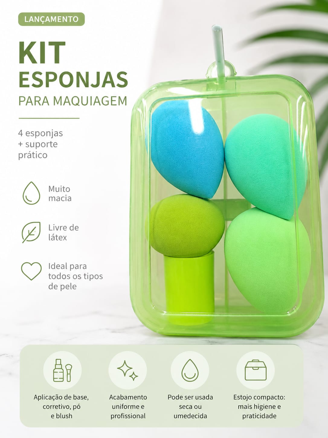 Kit de Esponjas para Maquiagem com 4 Peças e Estojo Organizador Verde