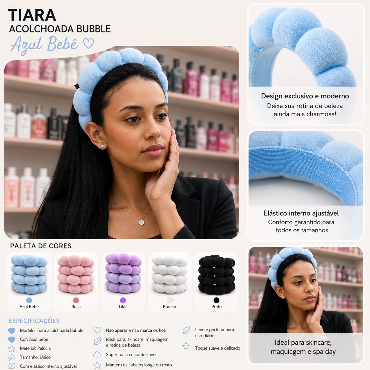 Tiara Acolchoada Bubble para Maquiagem, Skincare e Rotina de Beleza