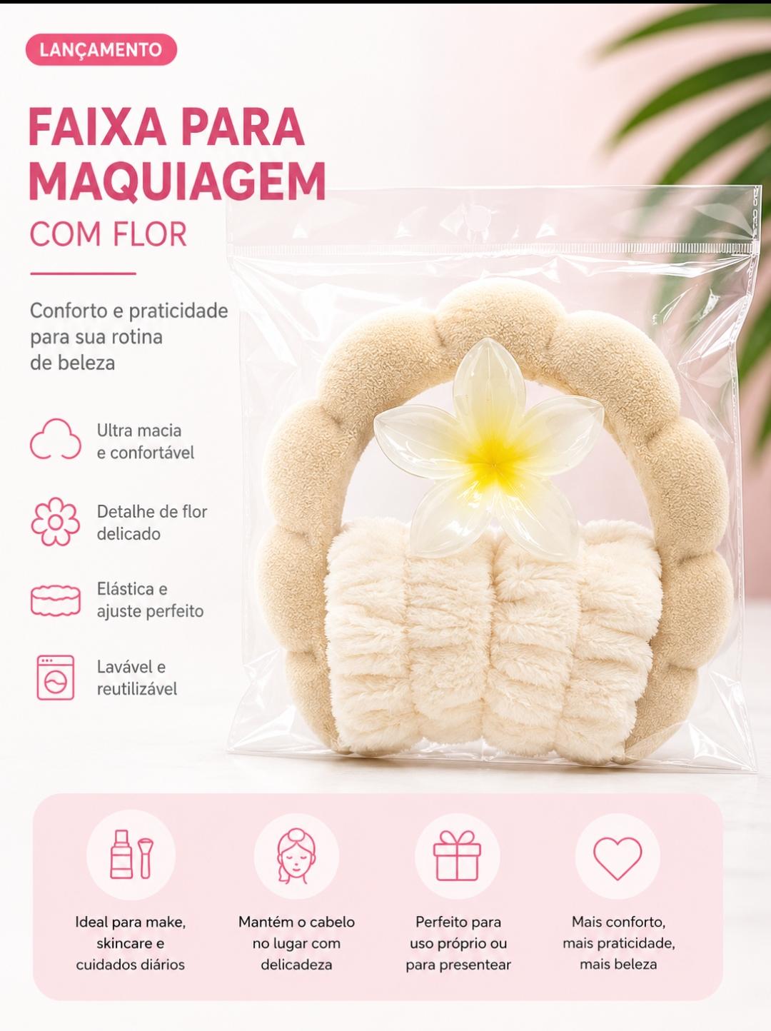 Faixa para Maquiagem com Flor – Tiara de Skincare Ultra Macia