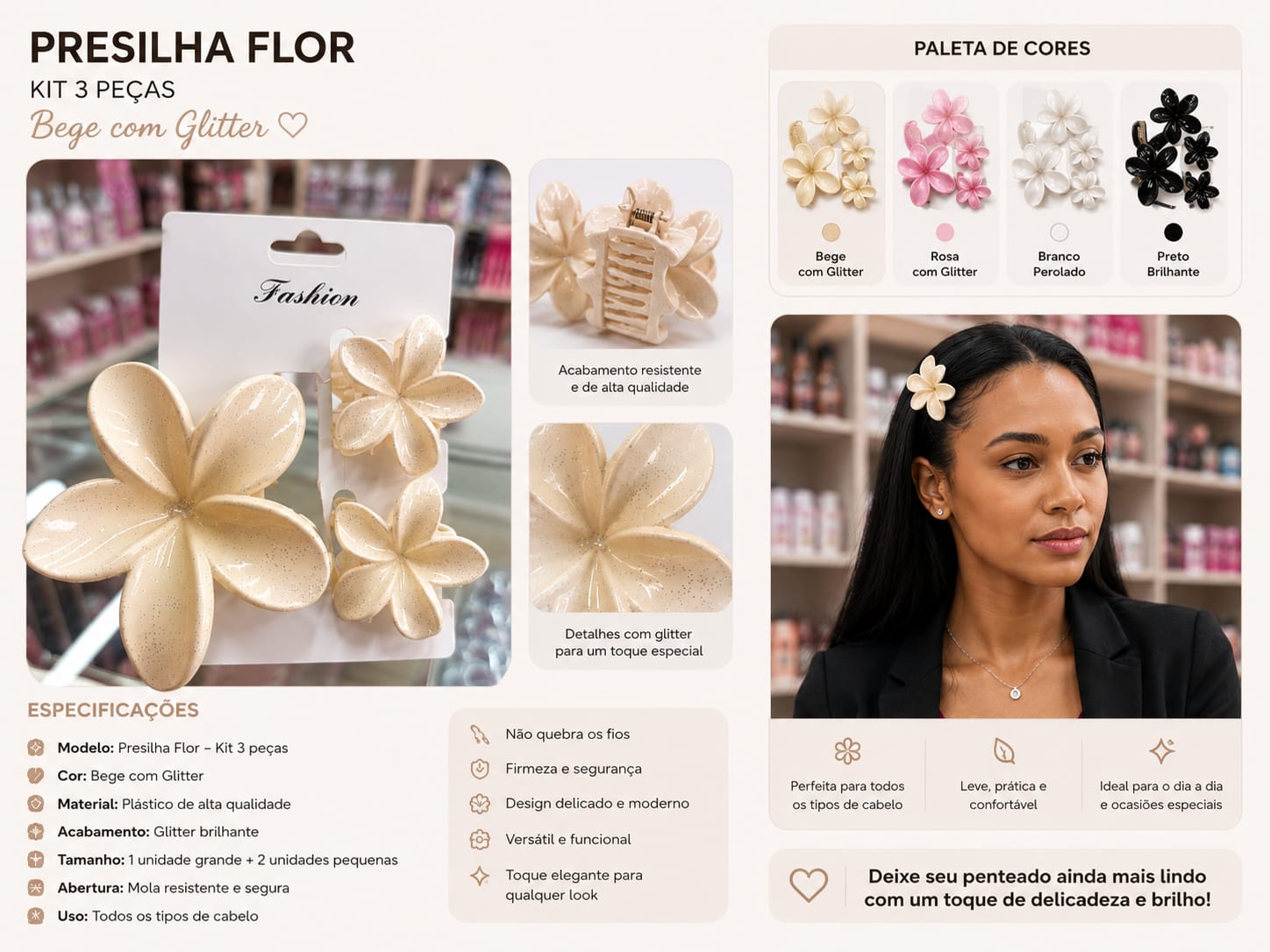 Presilha Flor com Glitter Bege – Kit 3 Peças