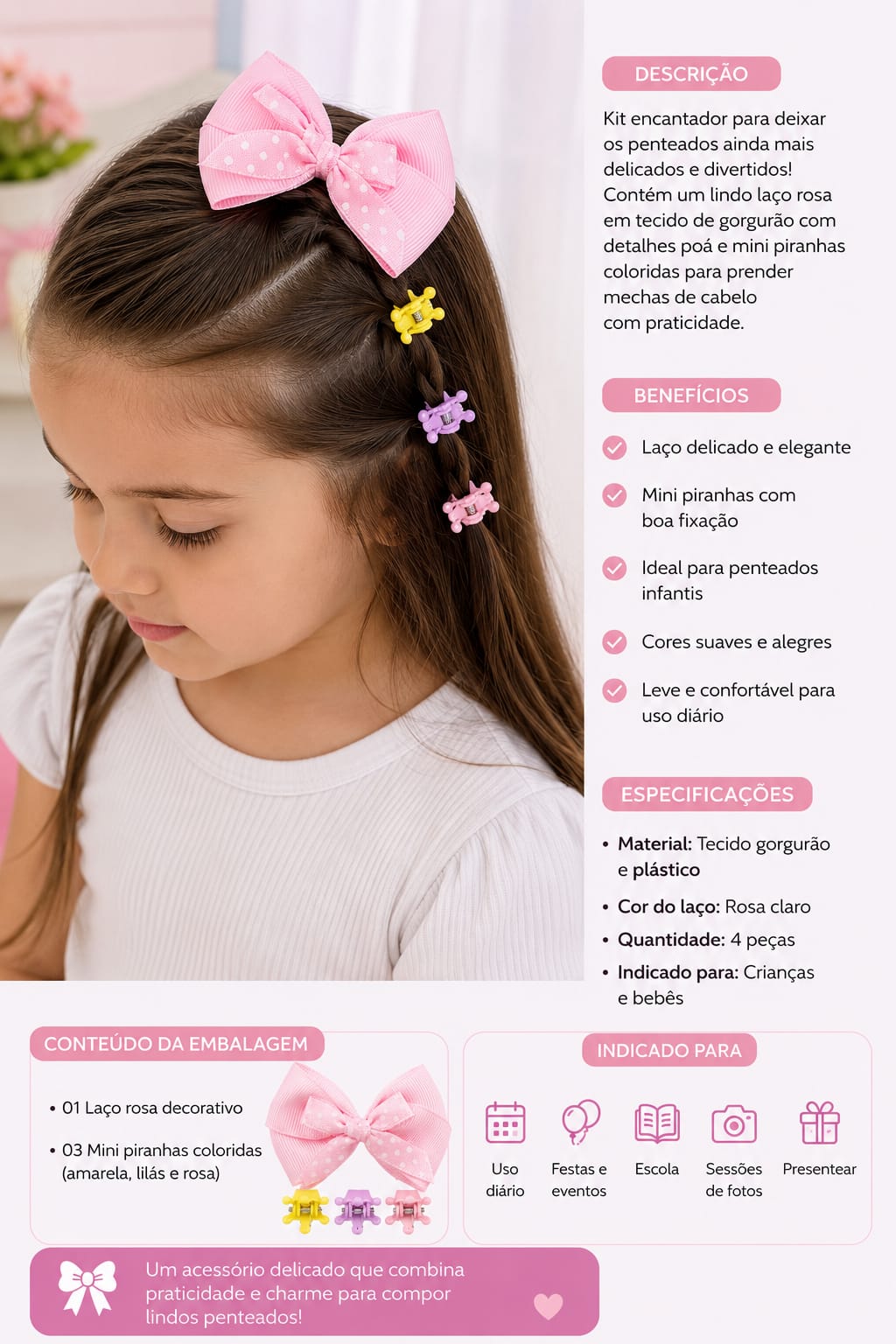 Kit Infantil Laço Rosa com Mini Presilhas Coloridas – 4 Peças