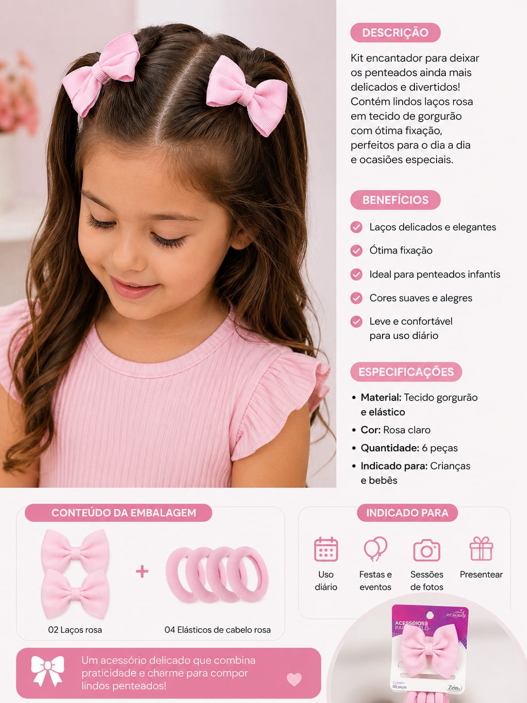 Kit Infantil Laços Rosa com Elásticos de Cabelo – 6 Peças