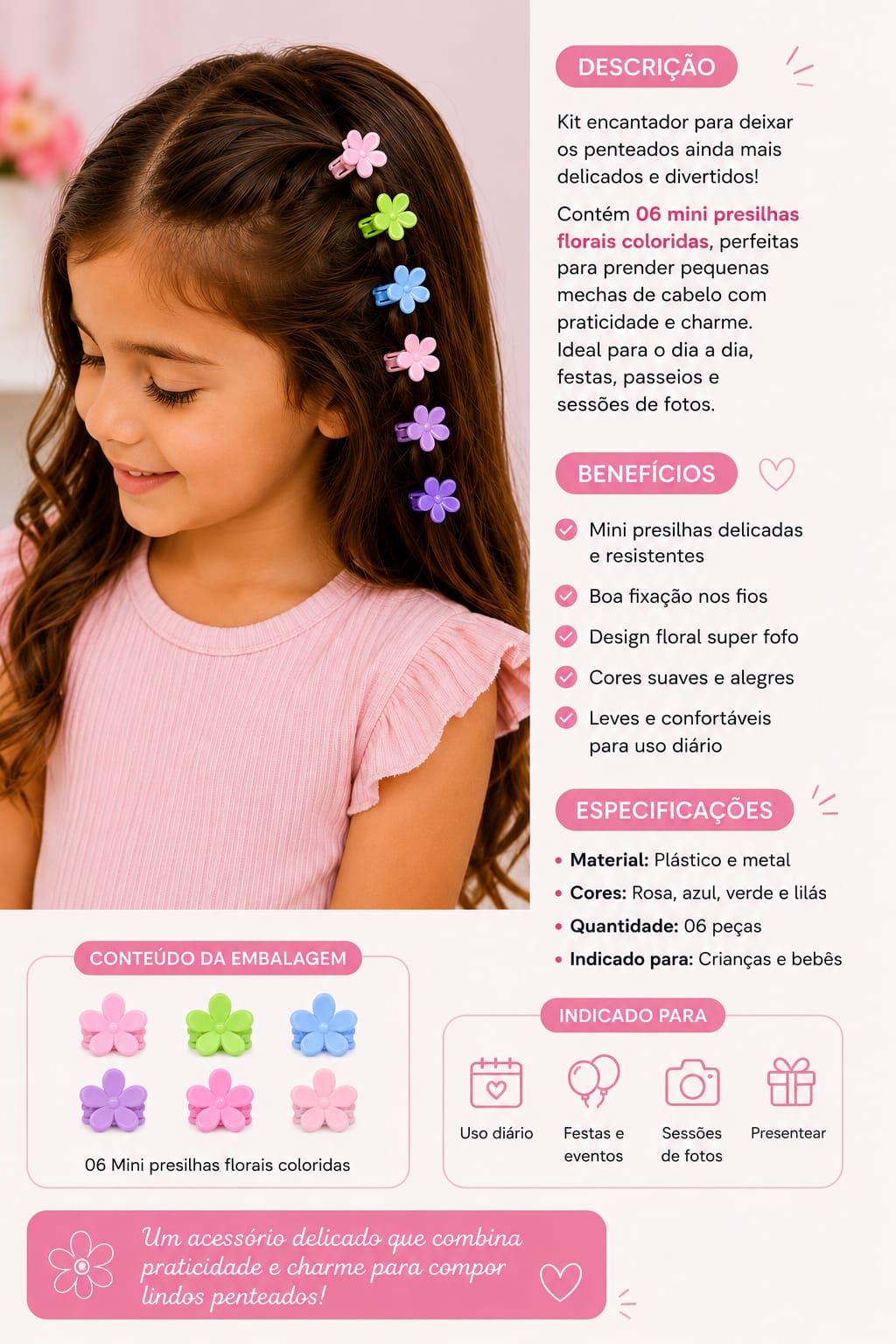Kit Infantil Mini Presilhas Florais Coloridas – 6 Peças