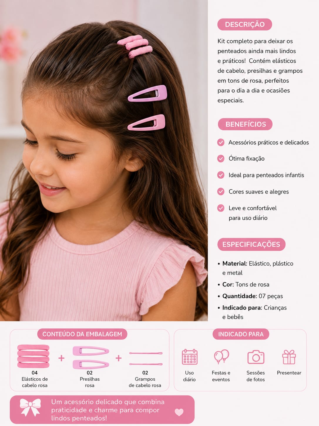 Kit Infantil Elásticos, Presilhas e Grampos Rosa – 7 Peças