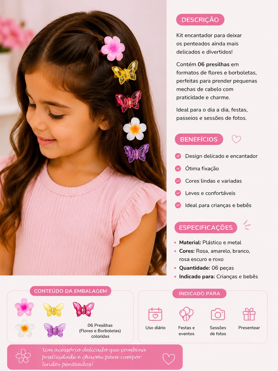 Kit Infantil Presilhas Flores e Borboletas Coloridas – 6 Peças