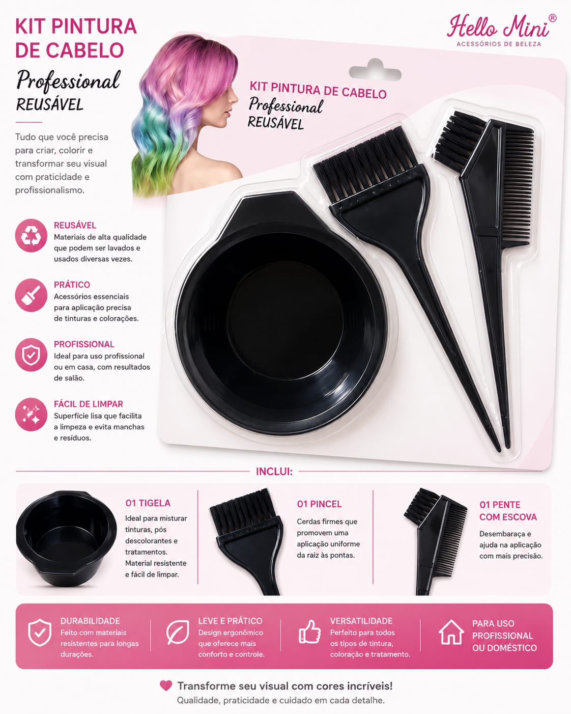 Kit Pintura de Cabelo Profissional Reutilizável Hello Mini