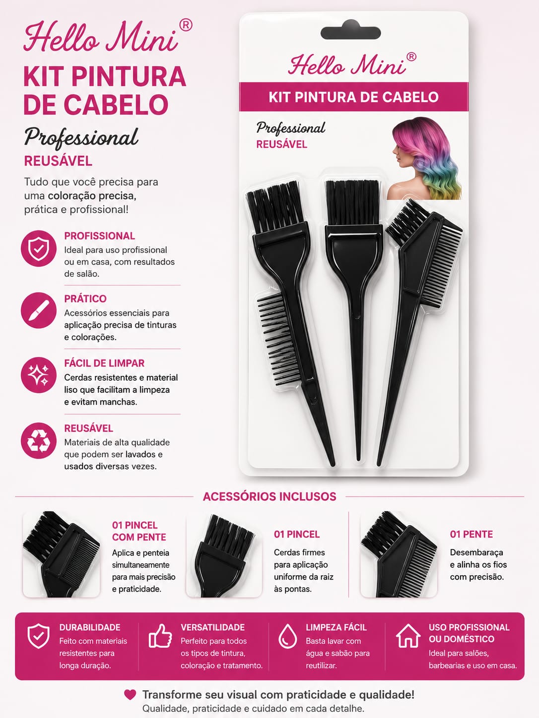 Kit Pintura de Cabelo Profissional Reutilizável Hello Mini – 3 Peças