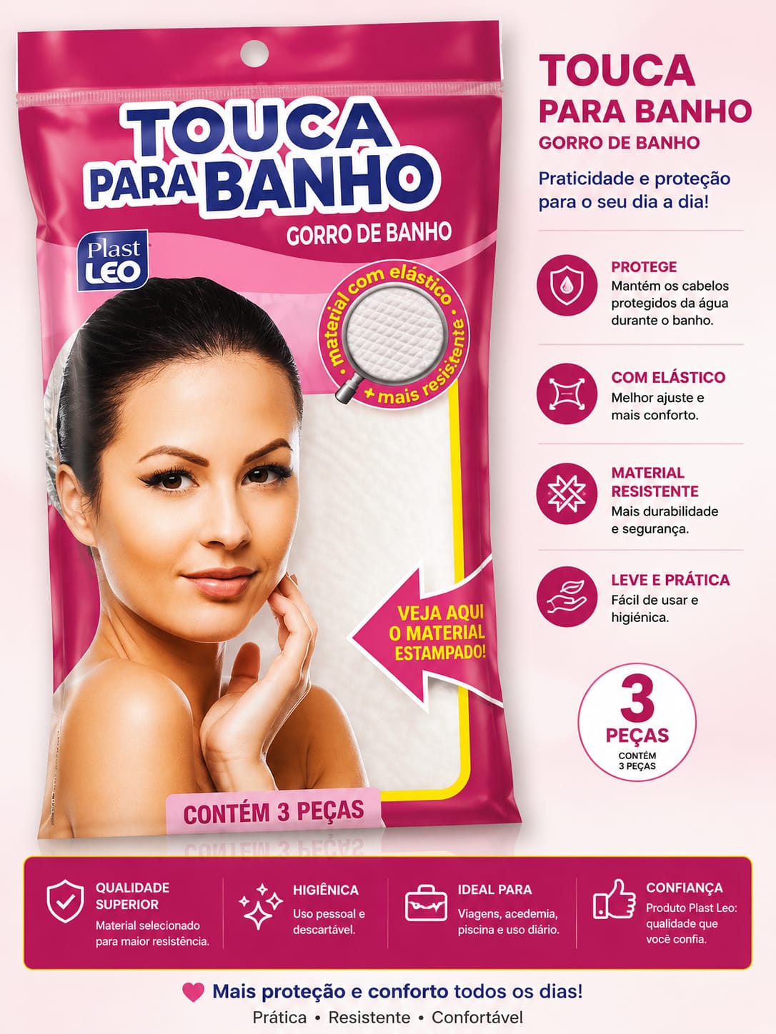 Kit com 3 Toucas para Banho Plast Leo – Proteção e Conforto