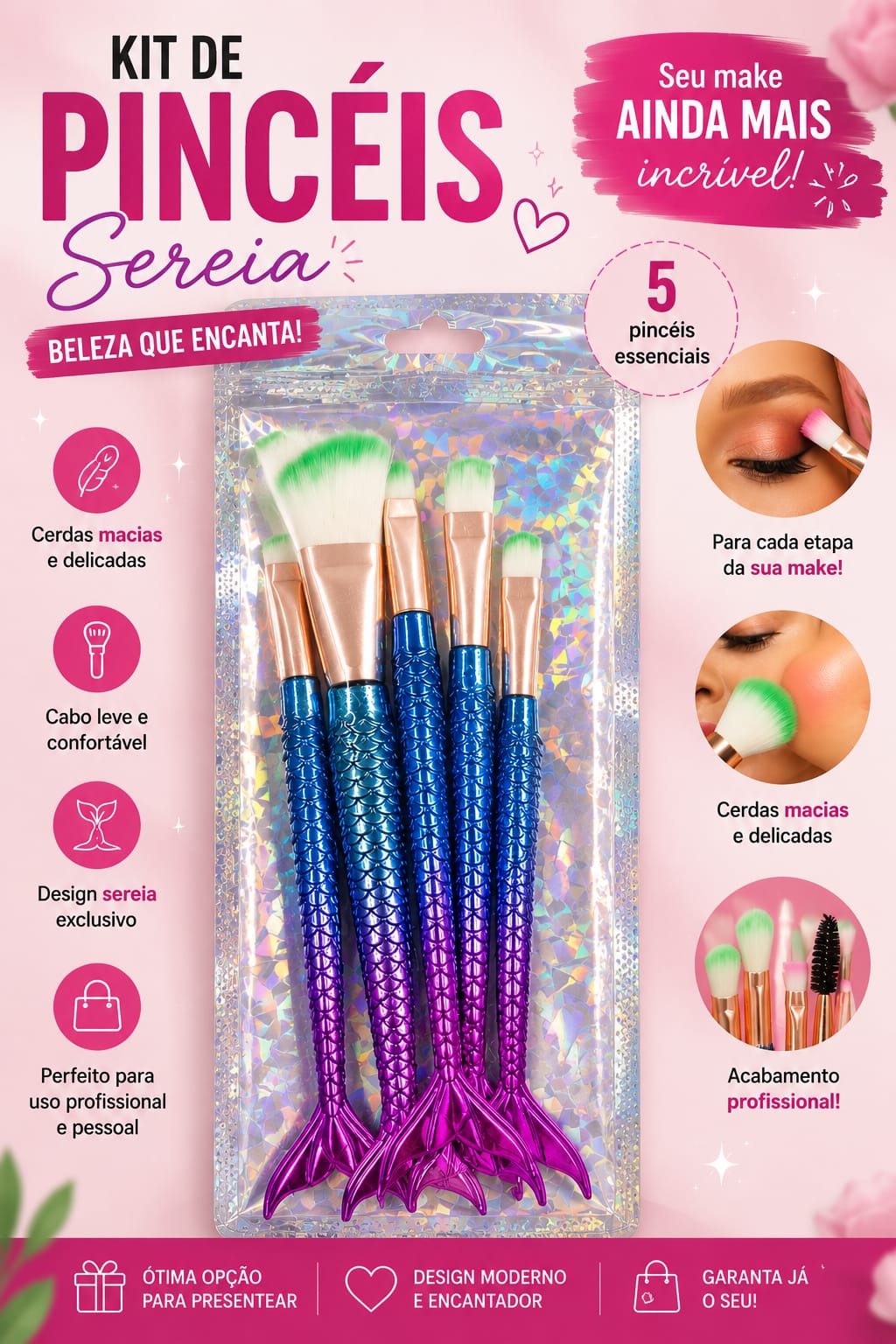 Kit de Pincéis Sereia para Maquiagem – 5 Peças