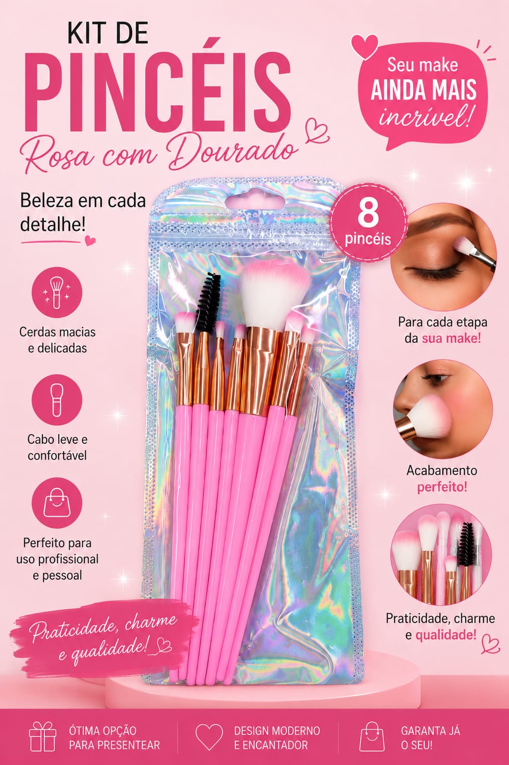 Kit de Pincéis para Maquiagem Rosa com Dourado – 8 Peças
