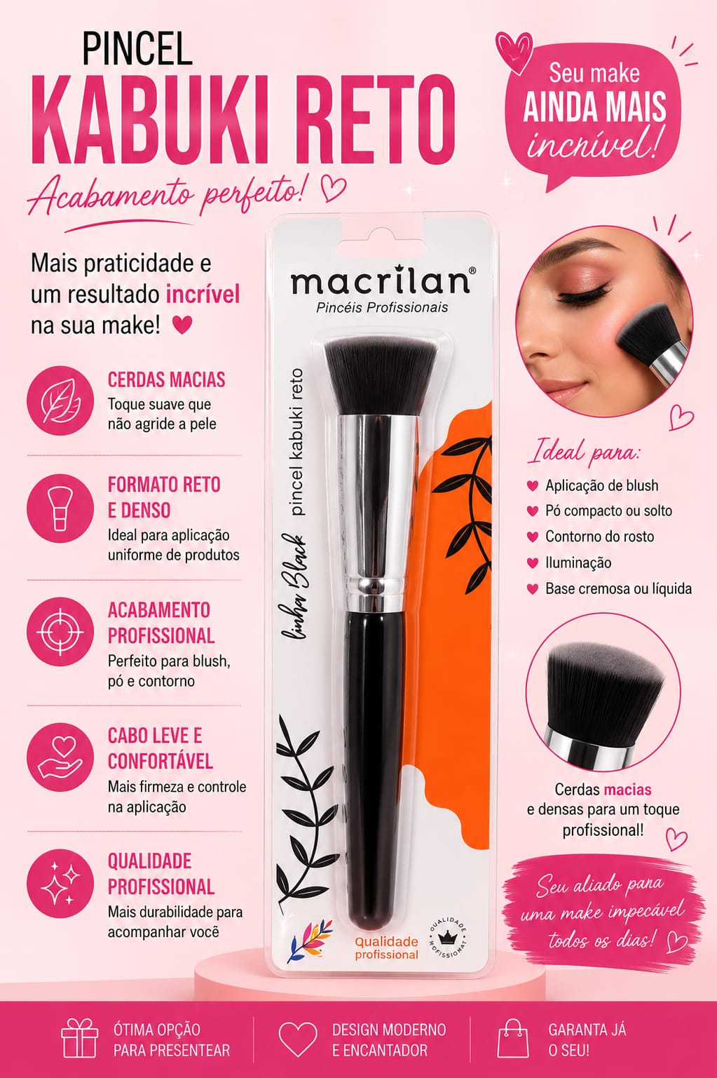 Pincel Kabuki Reto Macrilan – Acabamento Profissional