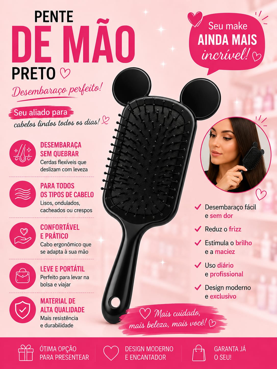 Pente de Mão Preto Desembaraçante
