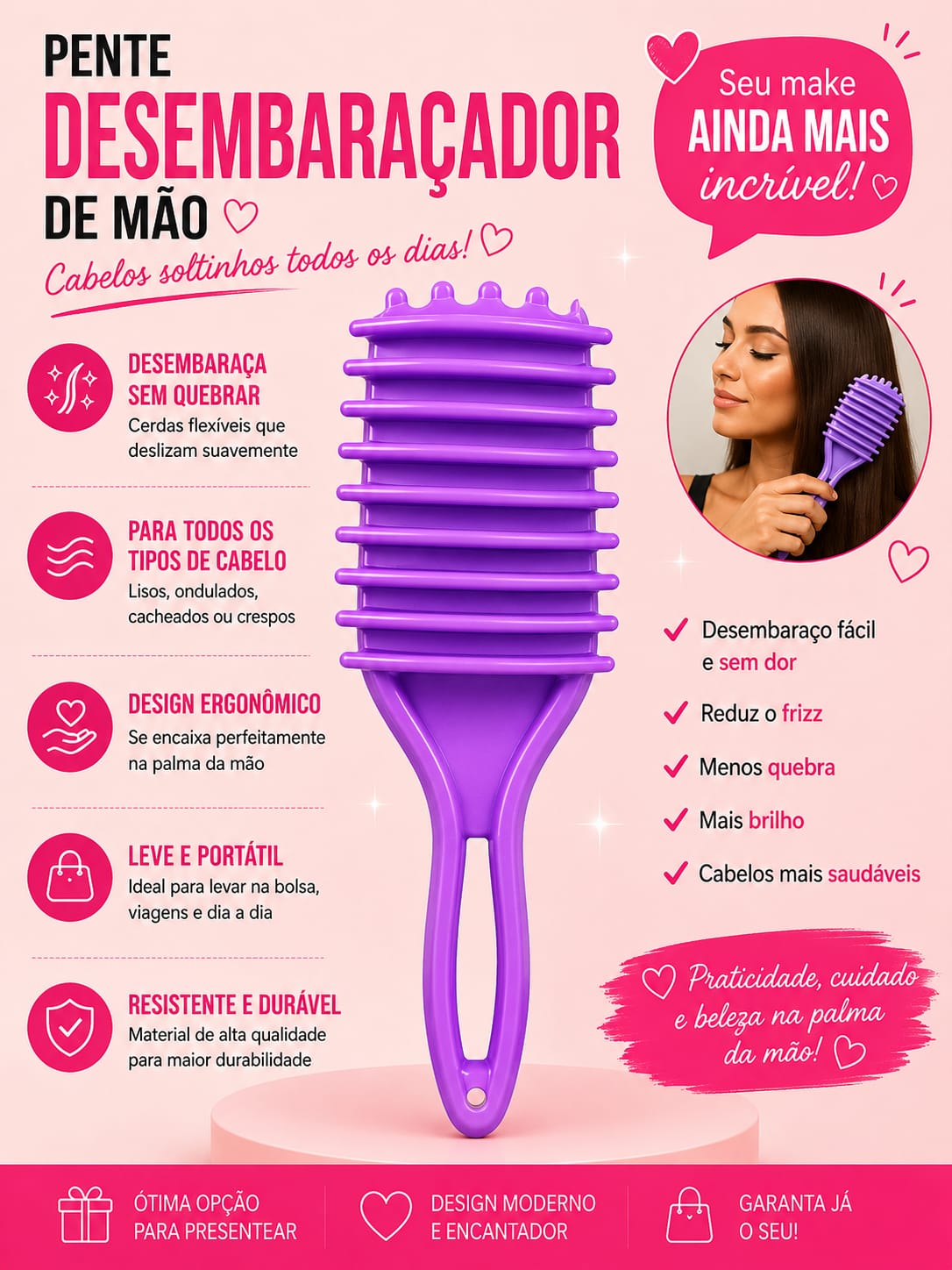 Pente Desembaraçador de Mão Flexível