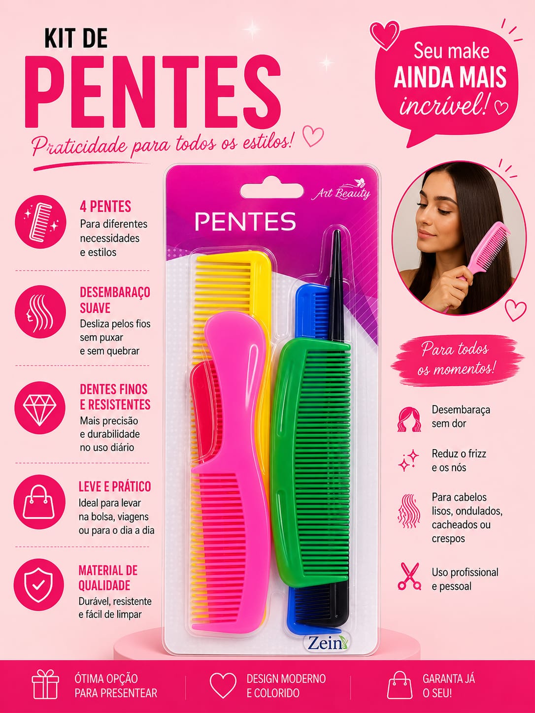 Kit de Pentes Coloridos com 4 Peças