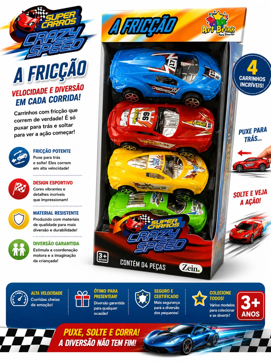 Kit Carrinhos de Fricção Crazy Speed – 4 Peças