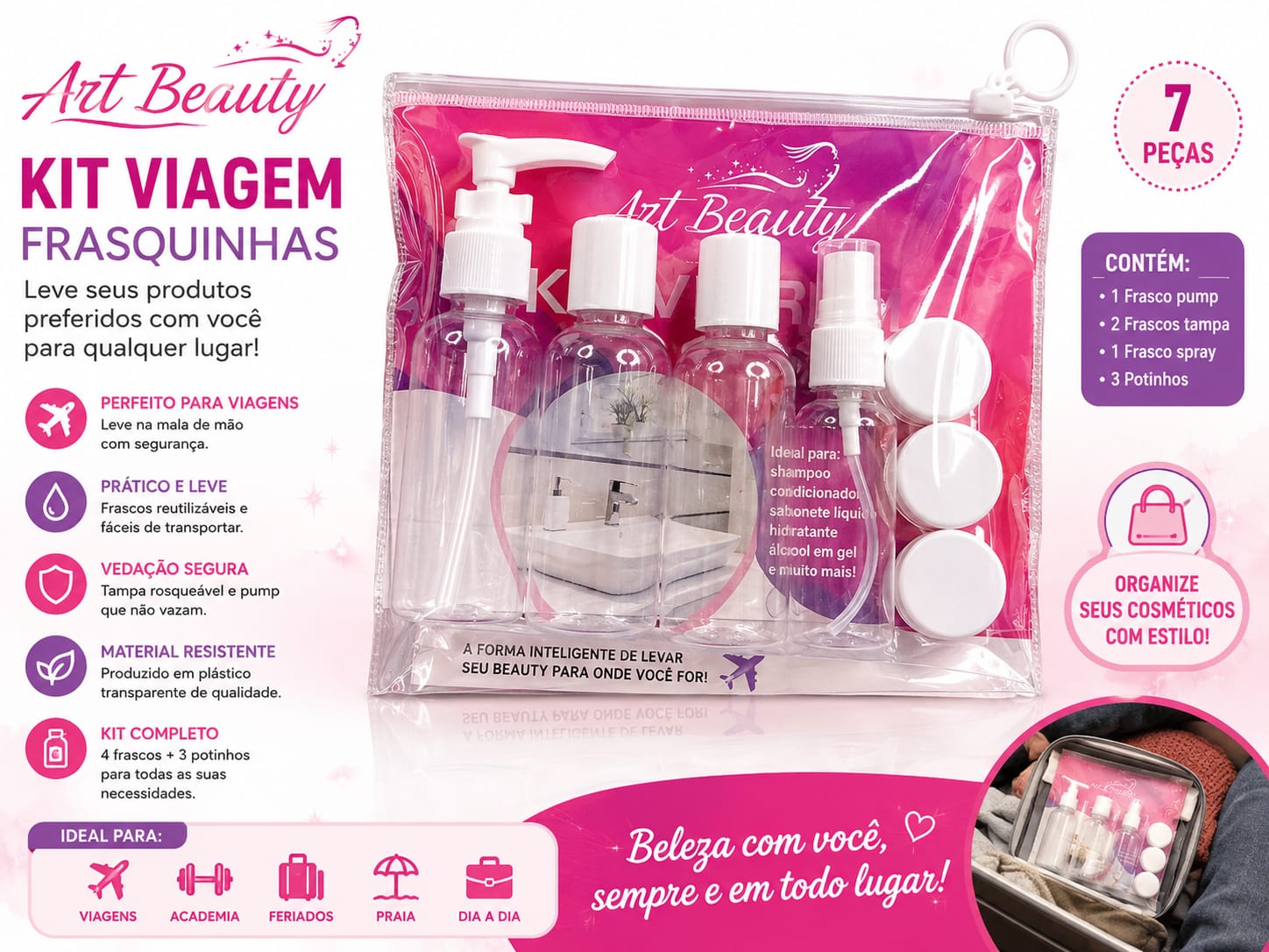 Kit Viagem Frasquinhas Art Beauty – 7 Peças