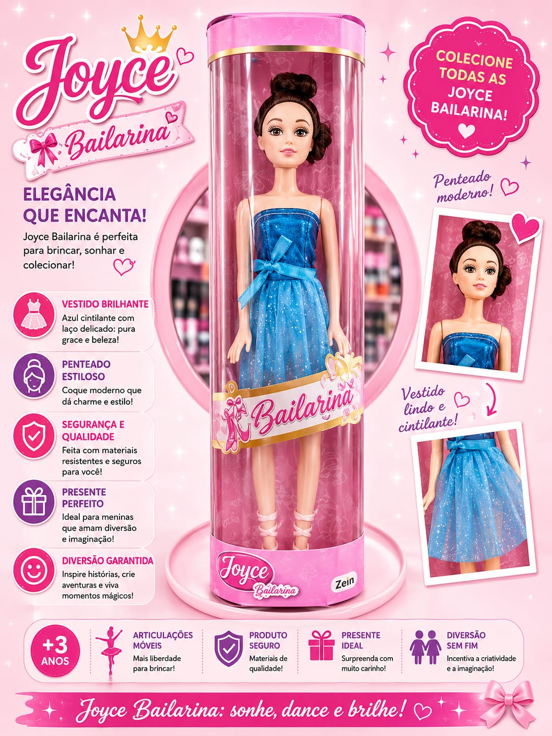 Boneca Joyce Bailarina Vestido Azul – 3+ Anos