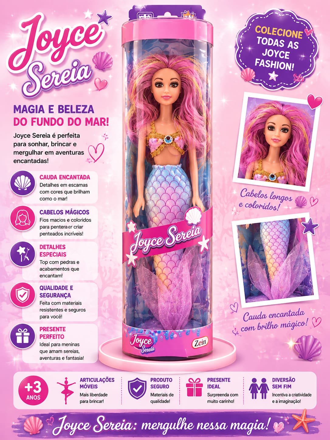 Boneca Joyce Sereia Cabelos Coloridos – 3+ Anos