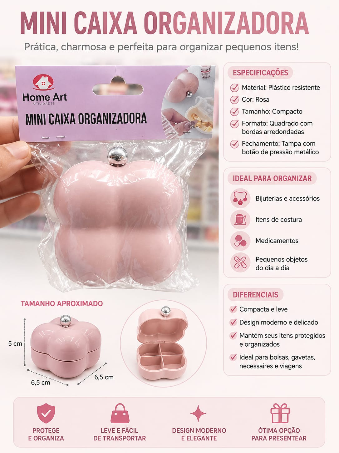 Mini Caixa Organizadora Home Art – Rosa