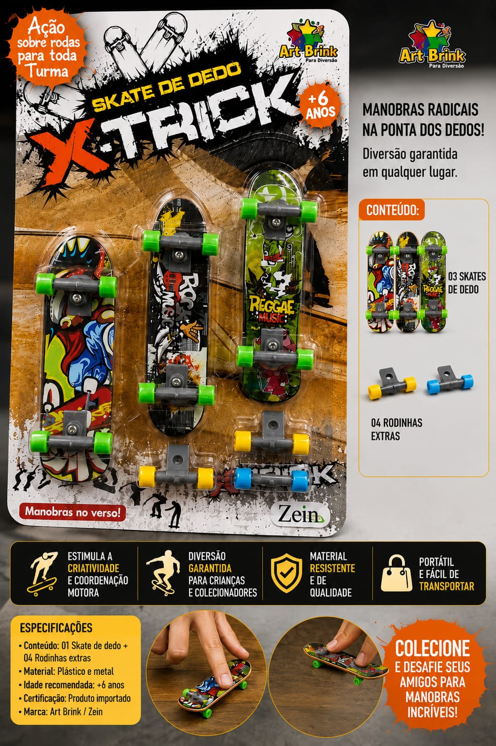 Kit Finger Skate X-Trick com 3 Skates e Rodinhas Extras