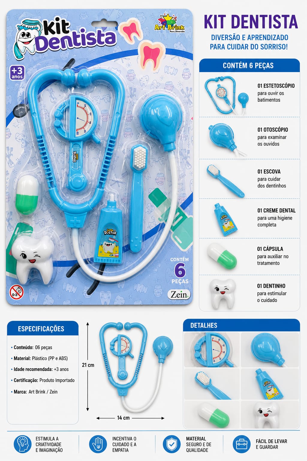 Kit Dentista Infantil com 6 Peças Educativas