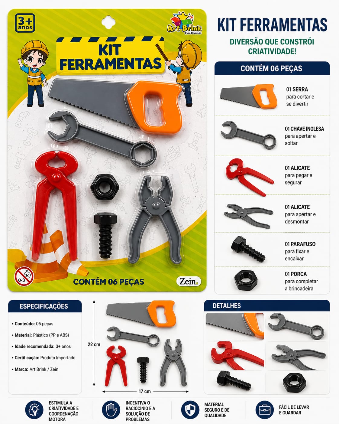 Kit Ferramentas Infantil com 6 Peças – Faz de Conta