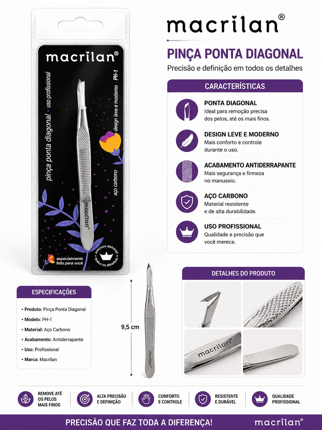 Pinça Ponta Diagonal Macrilan PH-1 Profissional Aço Carbono