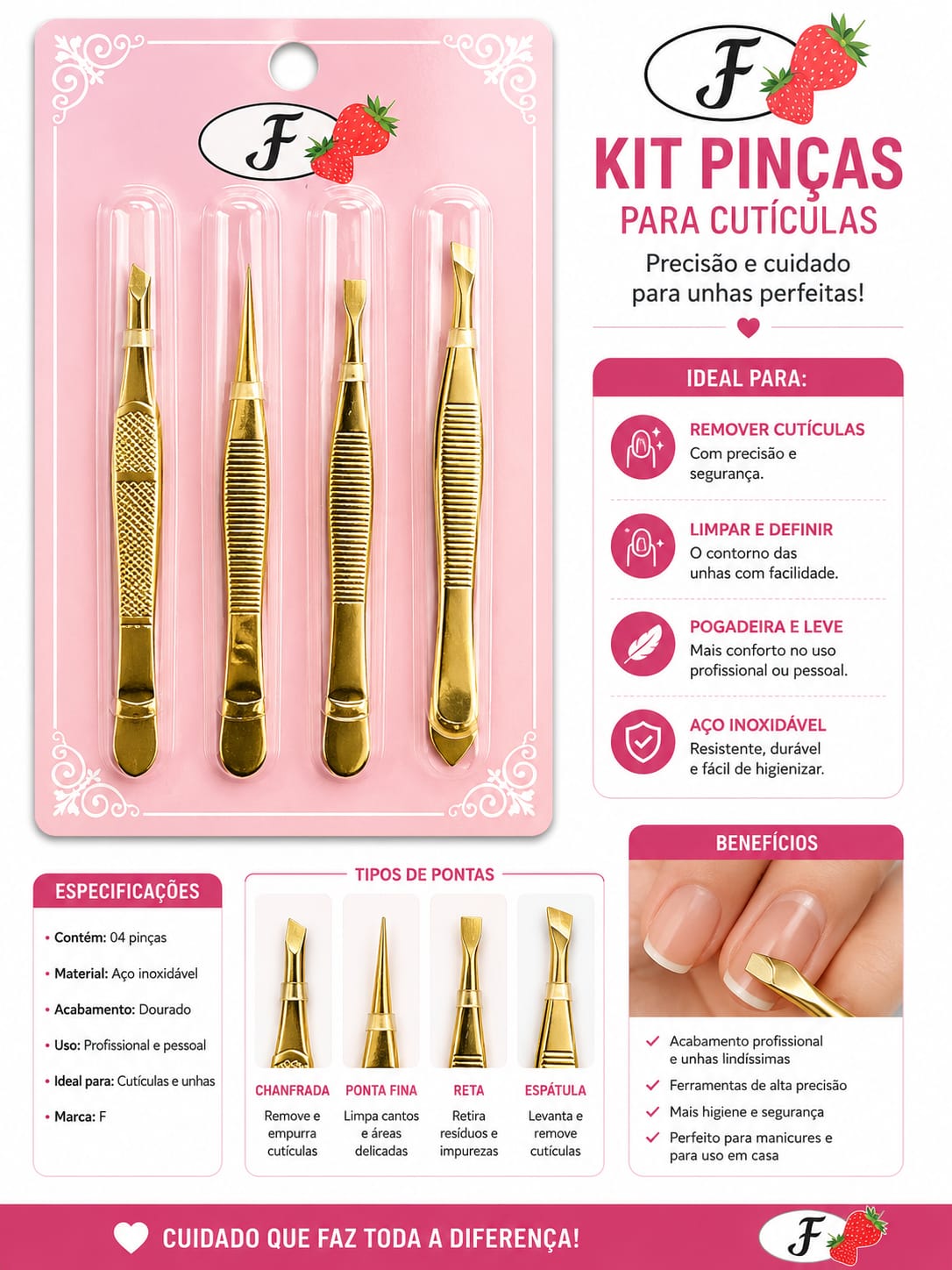 Kit Pinças para Cutículas 4 Peças Profissional Aço Inoxidável