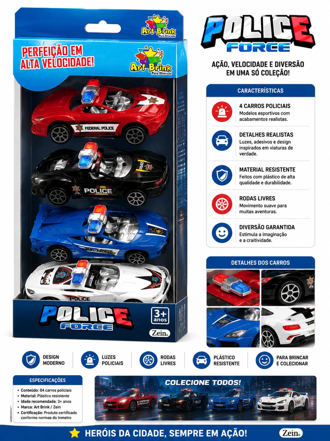 Kit Carrinhos Polícia Force com 4 Carros Esportivos Infantil
