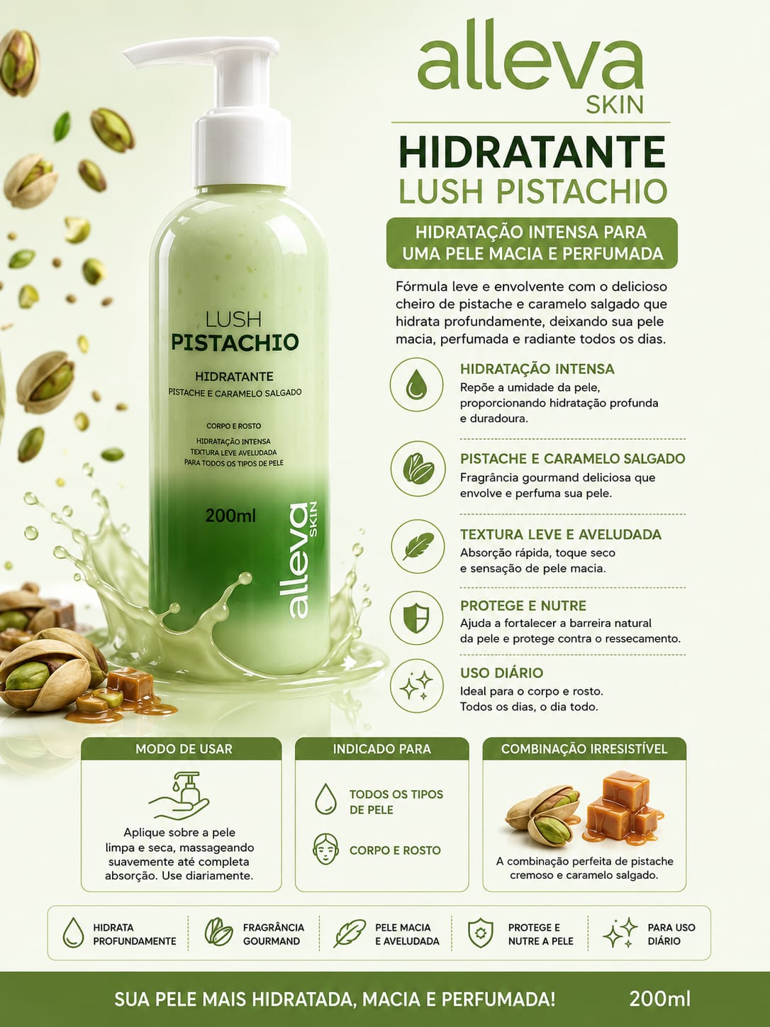 Hidratante Corporal e Facial Alleva Skin Lush Pistachio 200ml