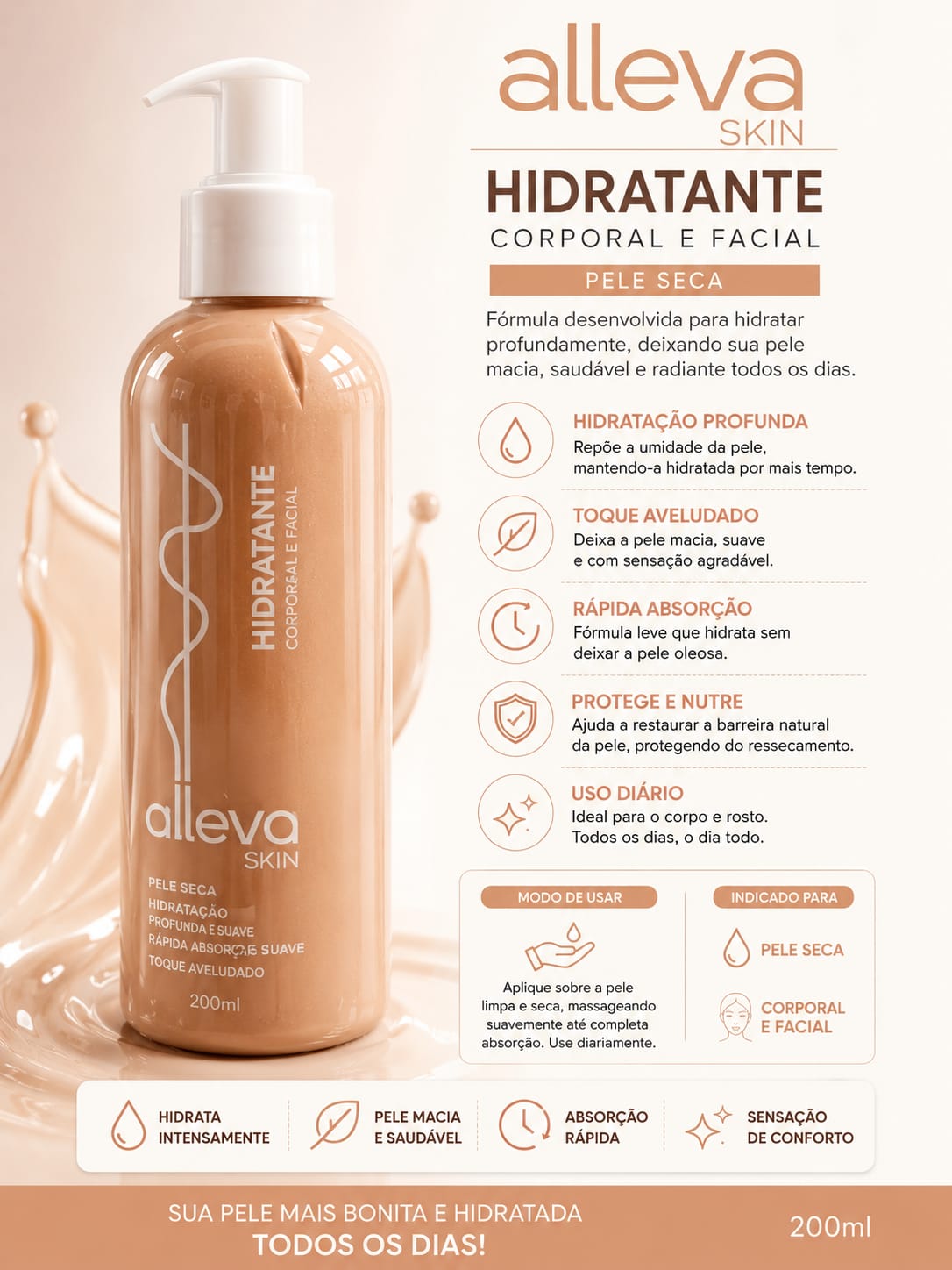 Hidratante Corporal e Facial Alleva Skin Pele Seca 200ml 