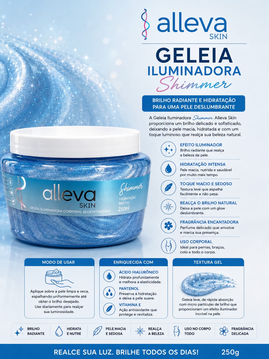 Geleia Iluminadora Corporal Alleva Skin Shimmer Bloom Fantasy 250g