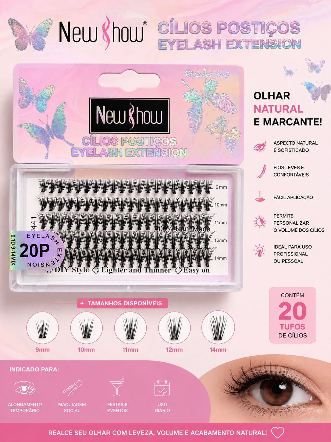Cílios Postiços Tufo New Show 20P Mix 9mm a 14mm