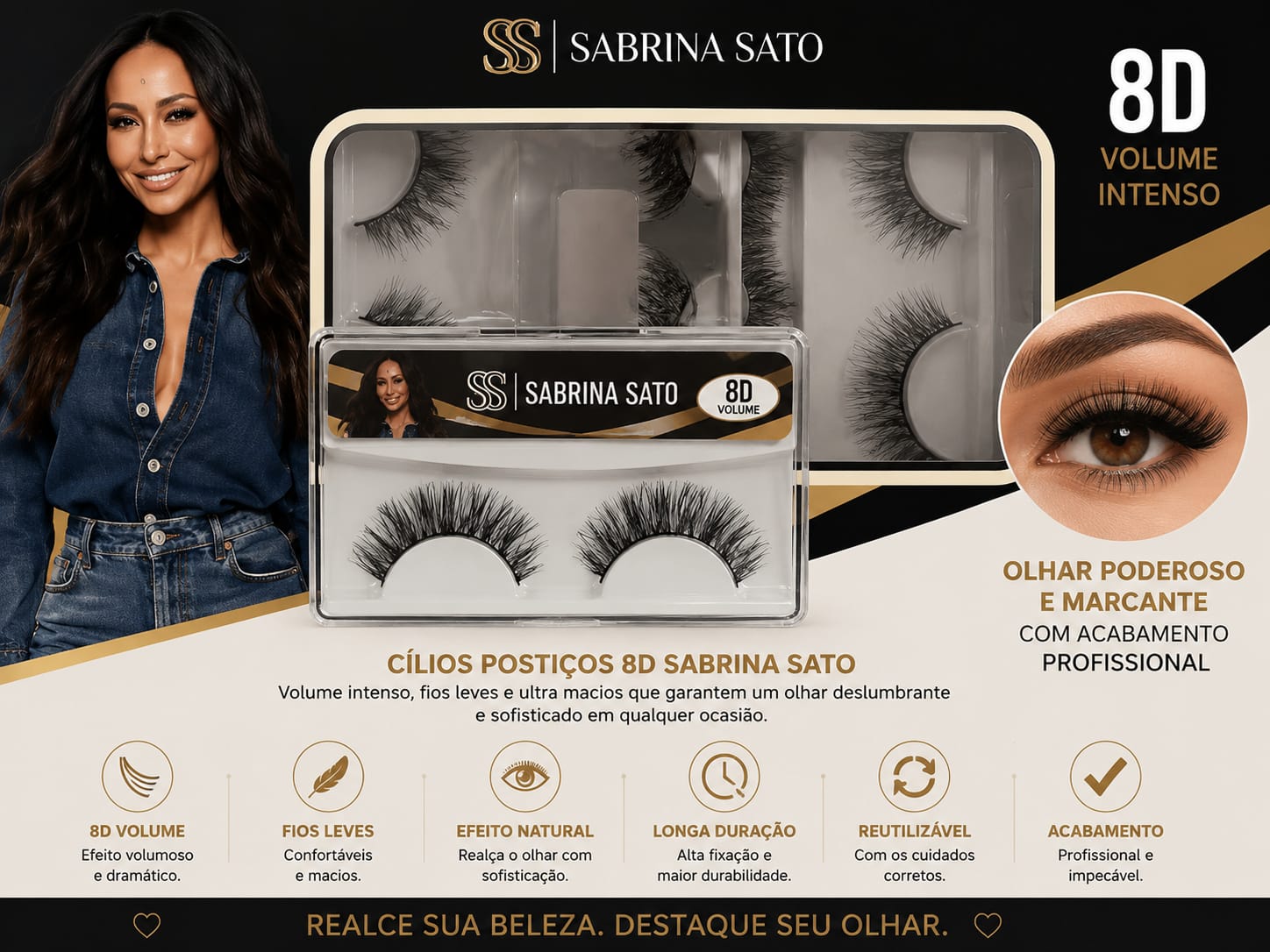 Cílios Postiços Sabrina Sato 8D Volume Intenso Reutilizável Efeito Natural