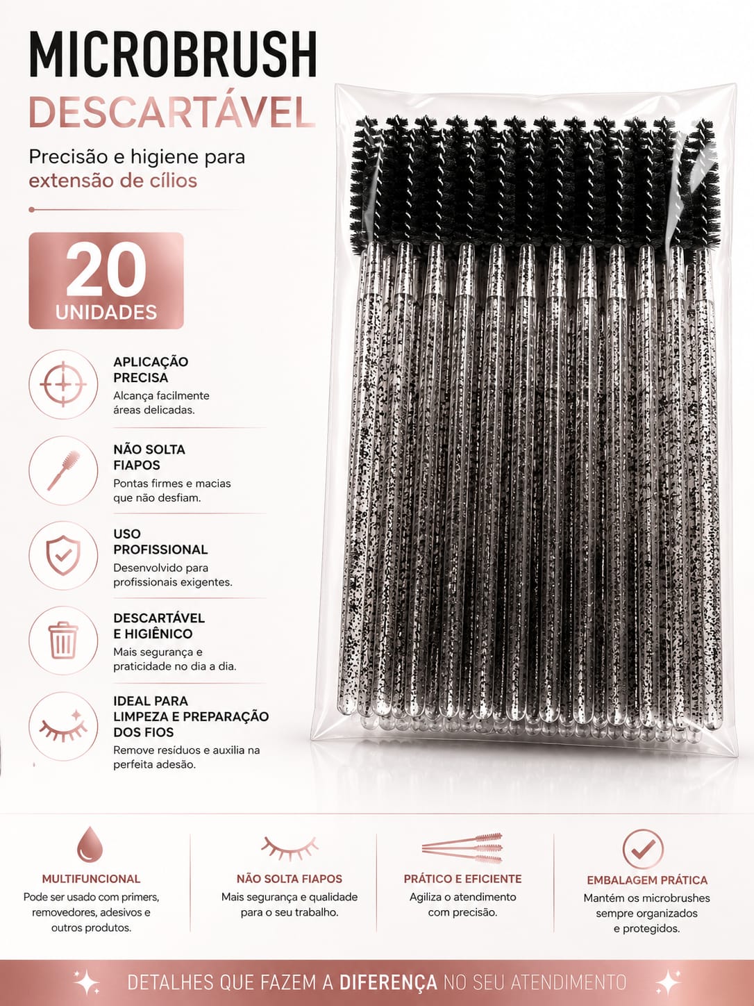 Microbrush Descartável para Extensão de Cílios 20 Unidades Aplicador Profissional