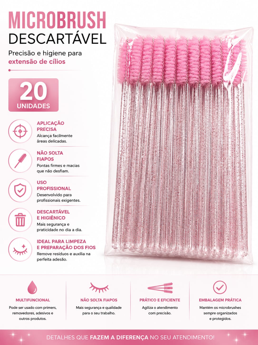 Microbrush Descartável Rosa para Extensão de Cílios 20 Unidades Aplicador Profissional