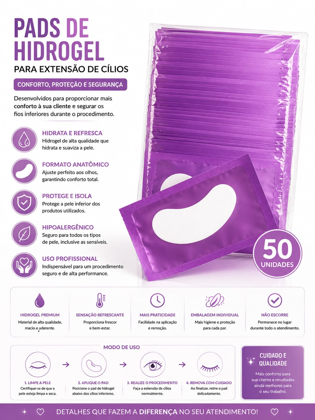 Pads de Hidrogel para Extensão de Cílios 50 Unidades Hipoalergênicos