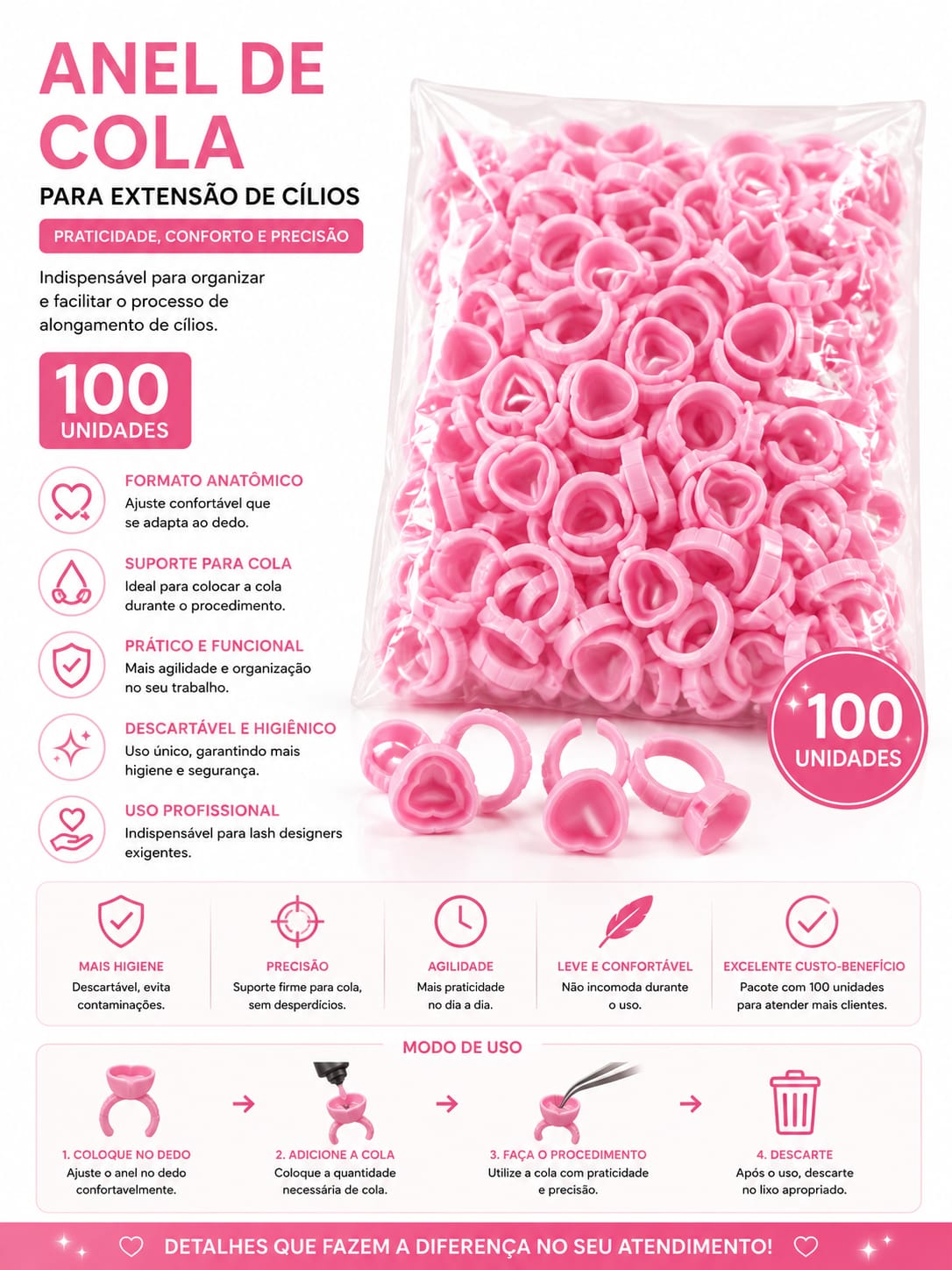 Anel de Cola para Extensão de Cílios Rosa Descartável 100 Unidades