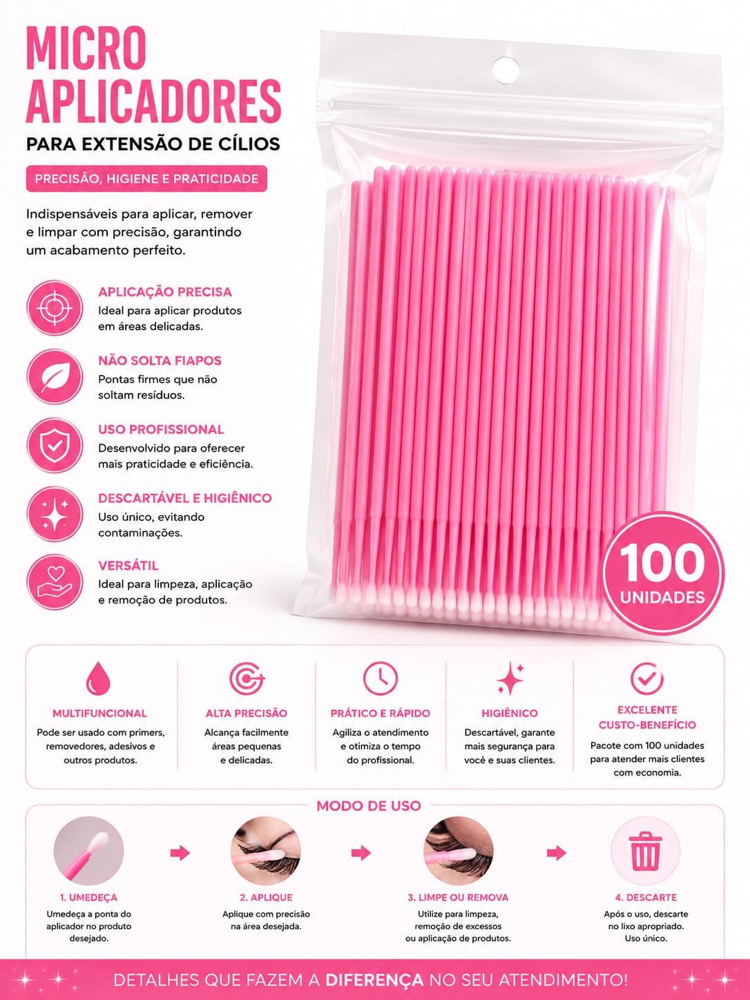 Micro Aplicadores Descartáveis para Extensão de Cílios Rosa 100 Unidades