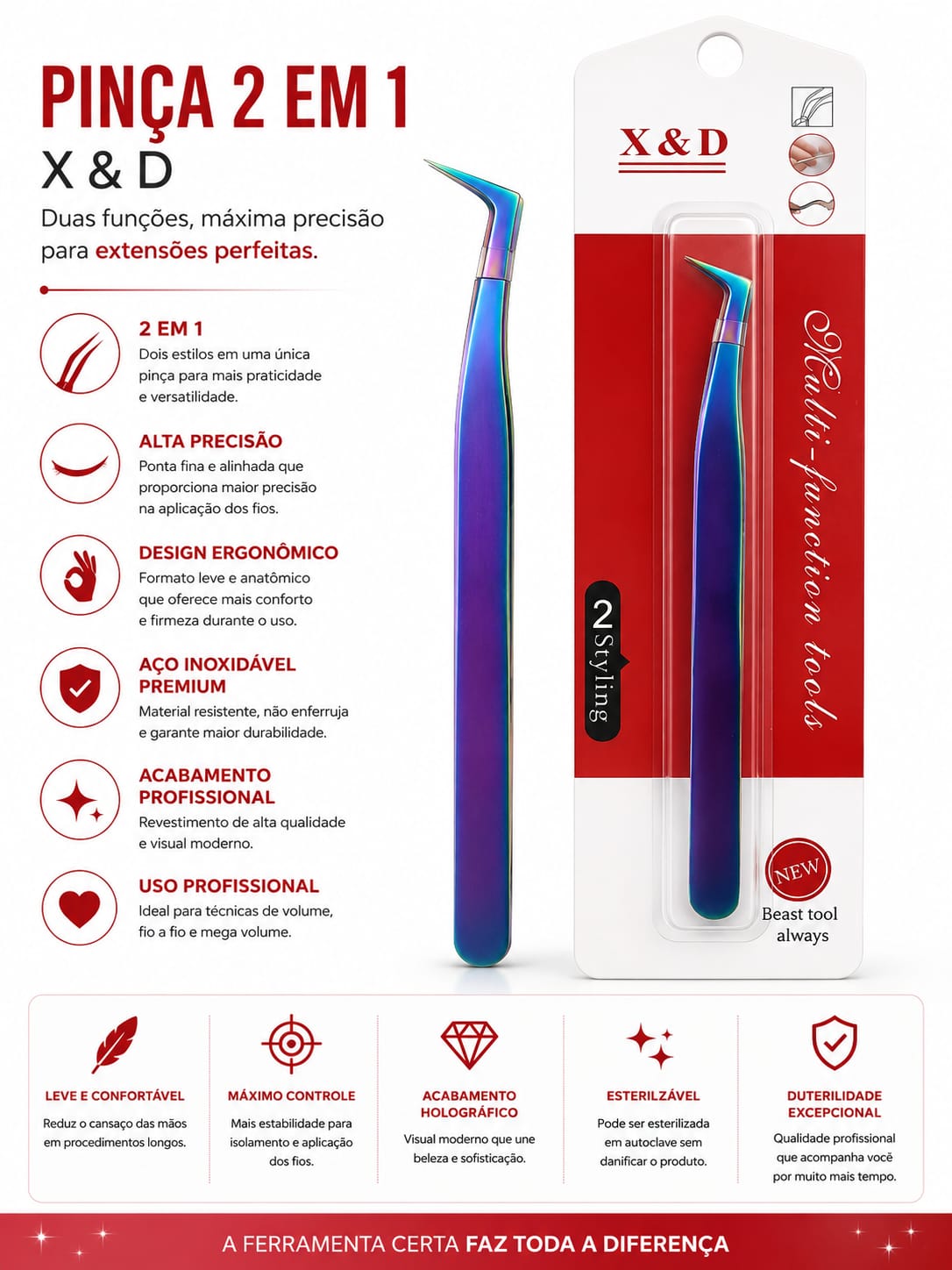 Pinça 2 em 1 X&D Profissional Curva Holográfica para Extensão de Cílios