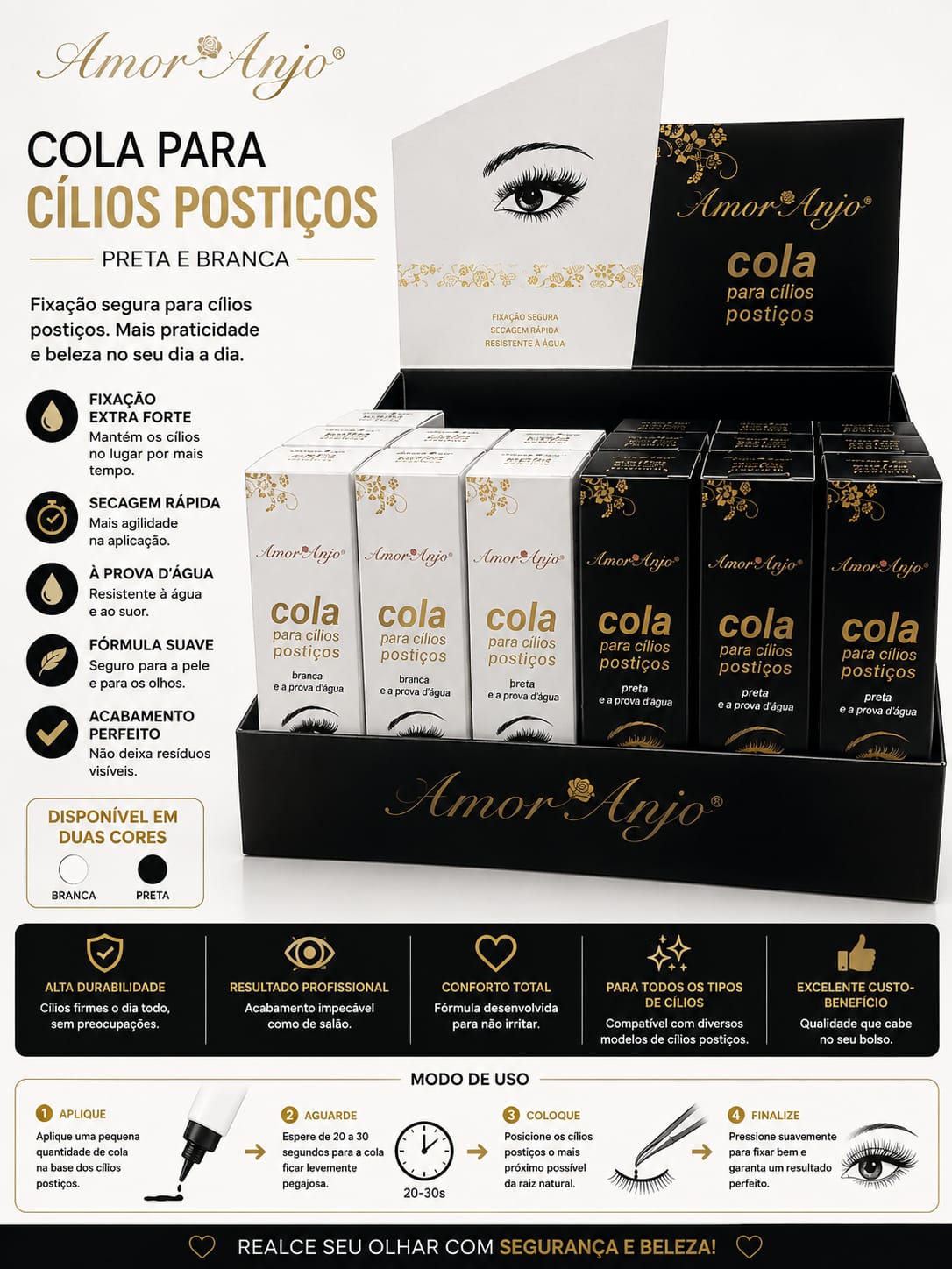 Cola para Cílios Postiços Amor Anjo Preta e Branca Secagem Rápida