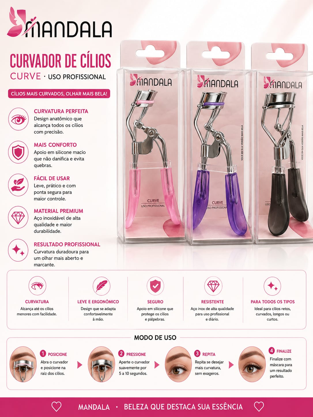 Curvador de Cílios Mandala Curve Profissional com Silicone Protetor