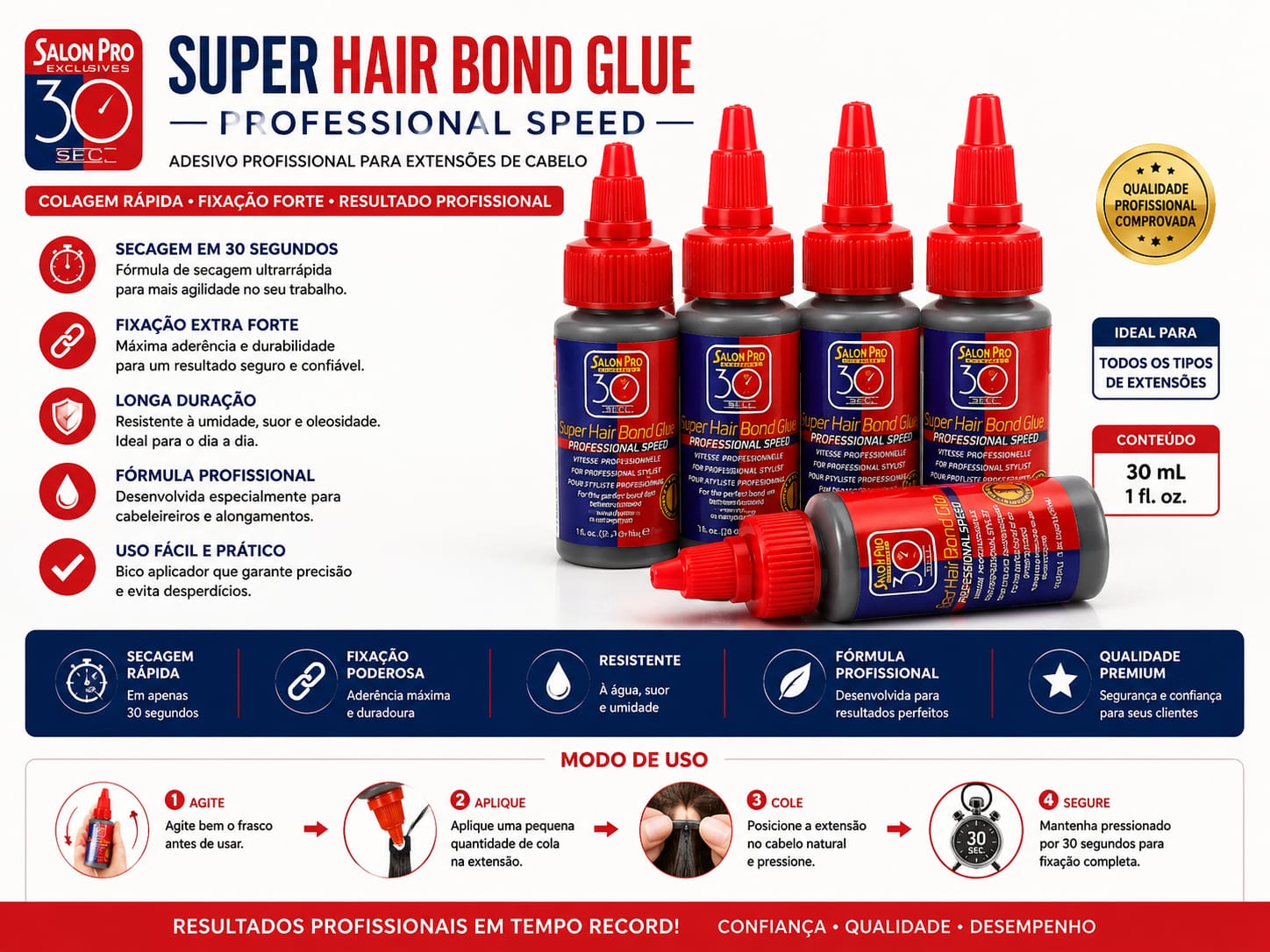 Super Hair Bond Glue Cola para Extensão de Cabelo Salon Pro 30ml Secagem Rápida