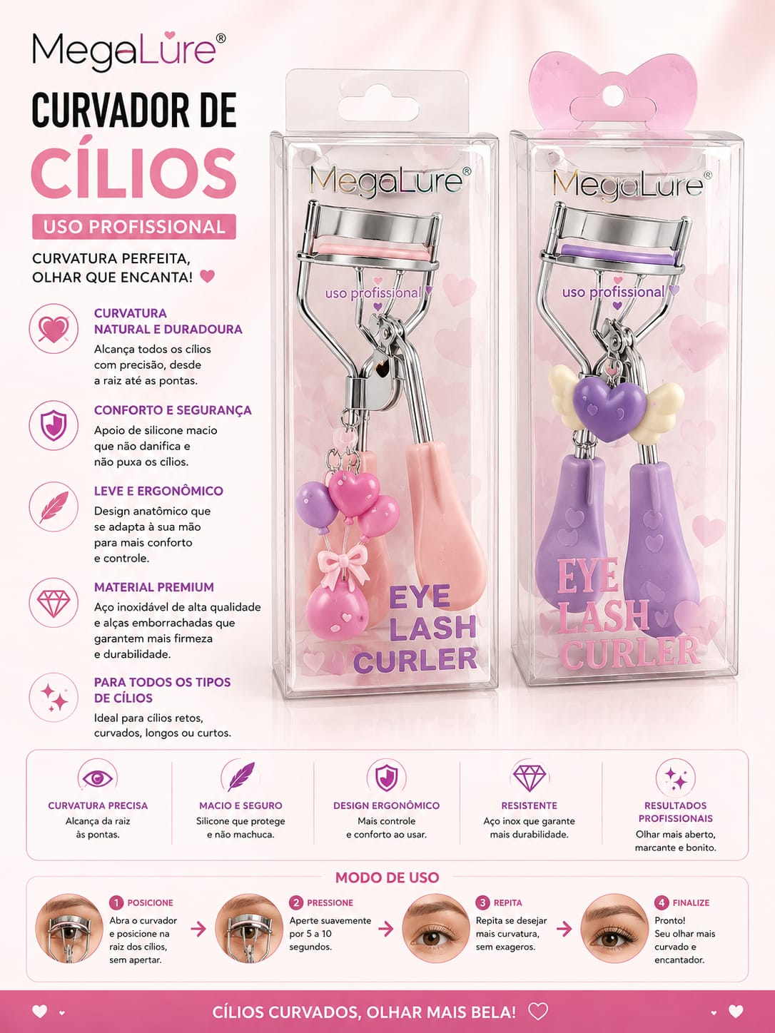 Curvador de Cílios MegaLure Profissional Aço Inox com Silicone Macio