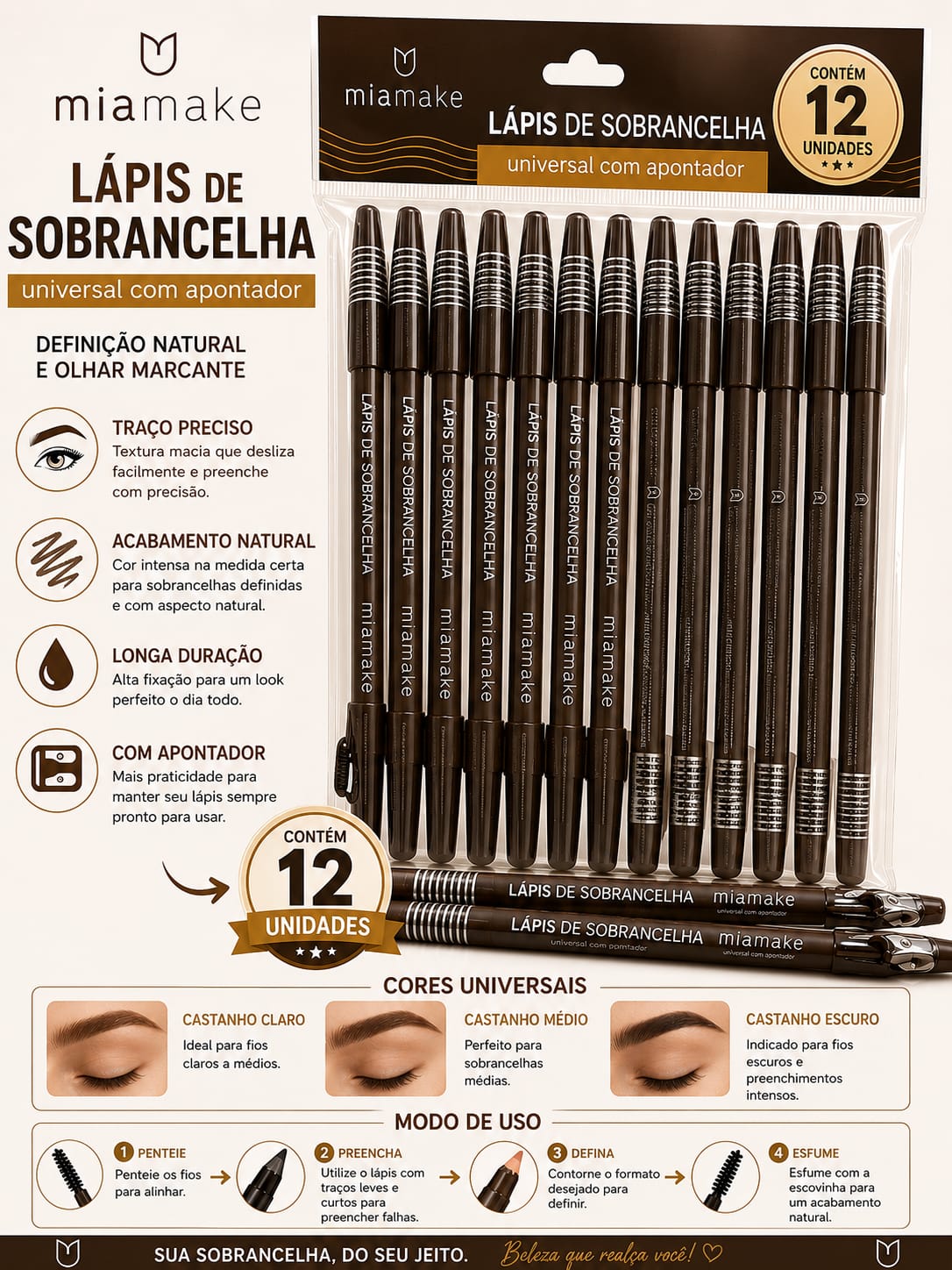 Kit 12 Lápis de Sobrancelha Miamake Universal com Apontador Integrado