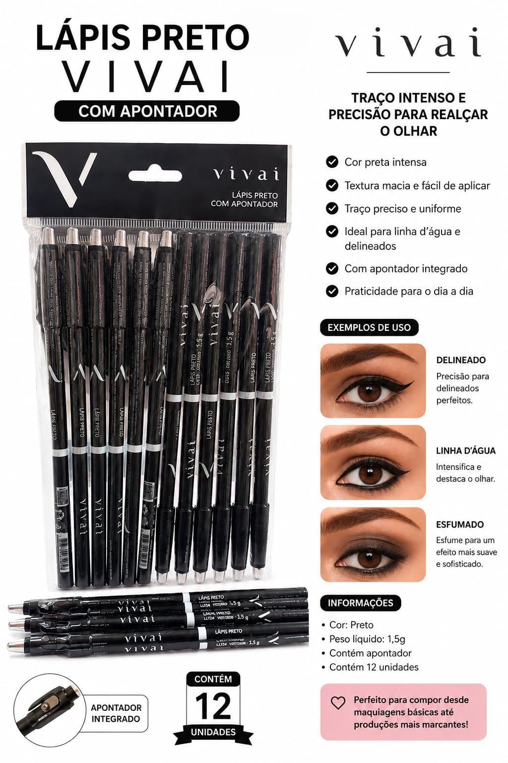 Kit 12 Lápis Preto Vivai com Apontador Integrado Alta Pigmentação