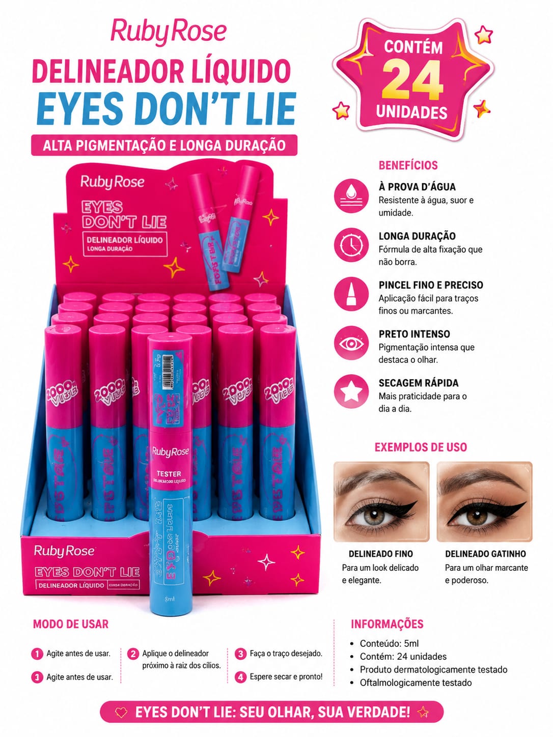 Delineador Líquido Ruby Rose Eyes Don't Lie Preto Alta Pigmentação 5ml
