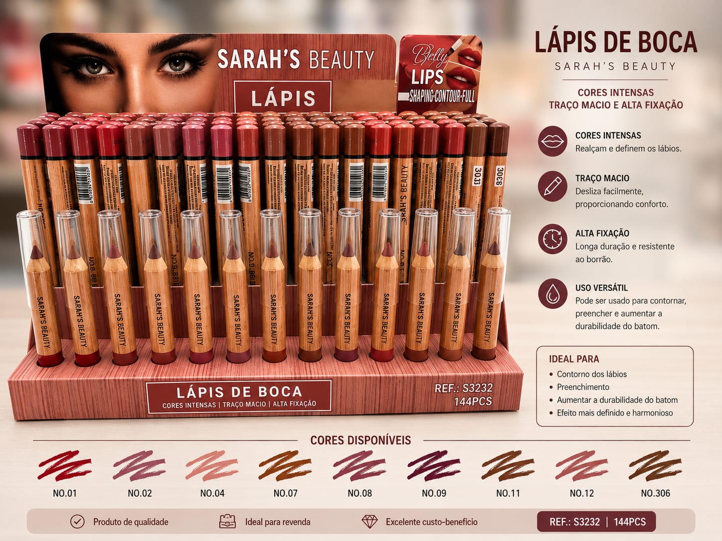 Lápis de Boca Sarah's Beauty Alta Fixação Traço Macio Longa Duração