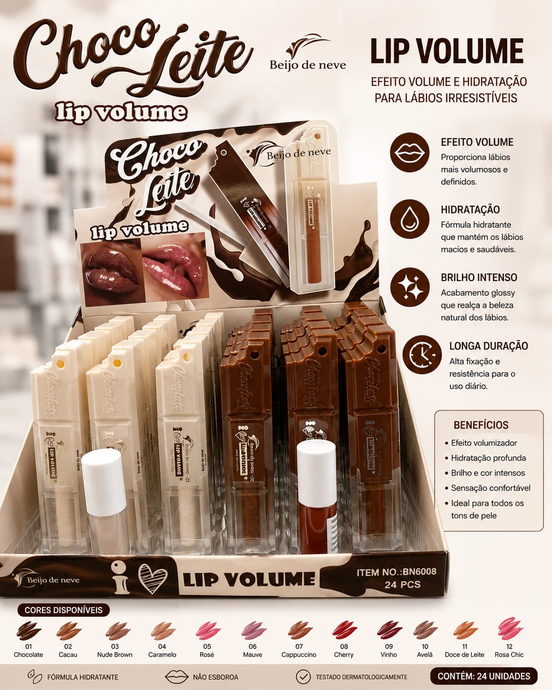 Gloss Lip Volume Choco Leite Beijo de Neve Efeito Volumizador