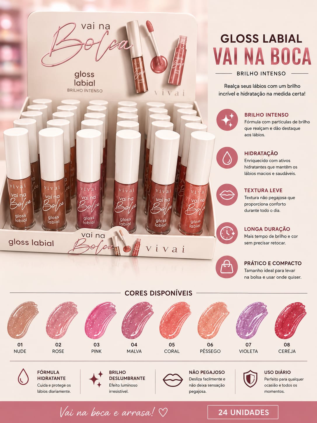 Gloss Labial Vai na Boca Vivai Brilho Intenso Hidratante